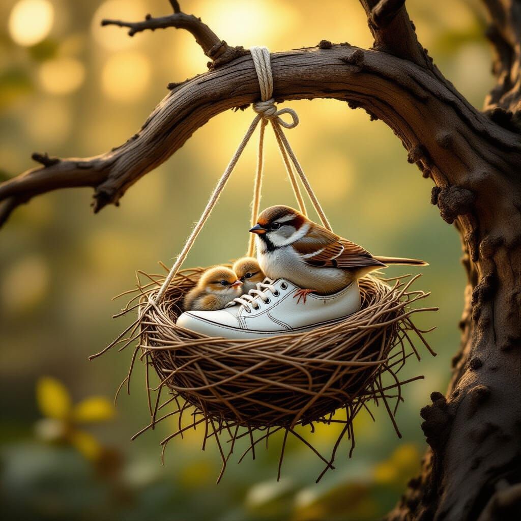 Worn Shoe Becomes Bird Nest in Warm Woodland