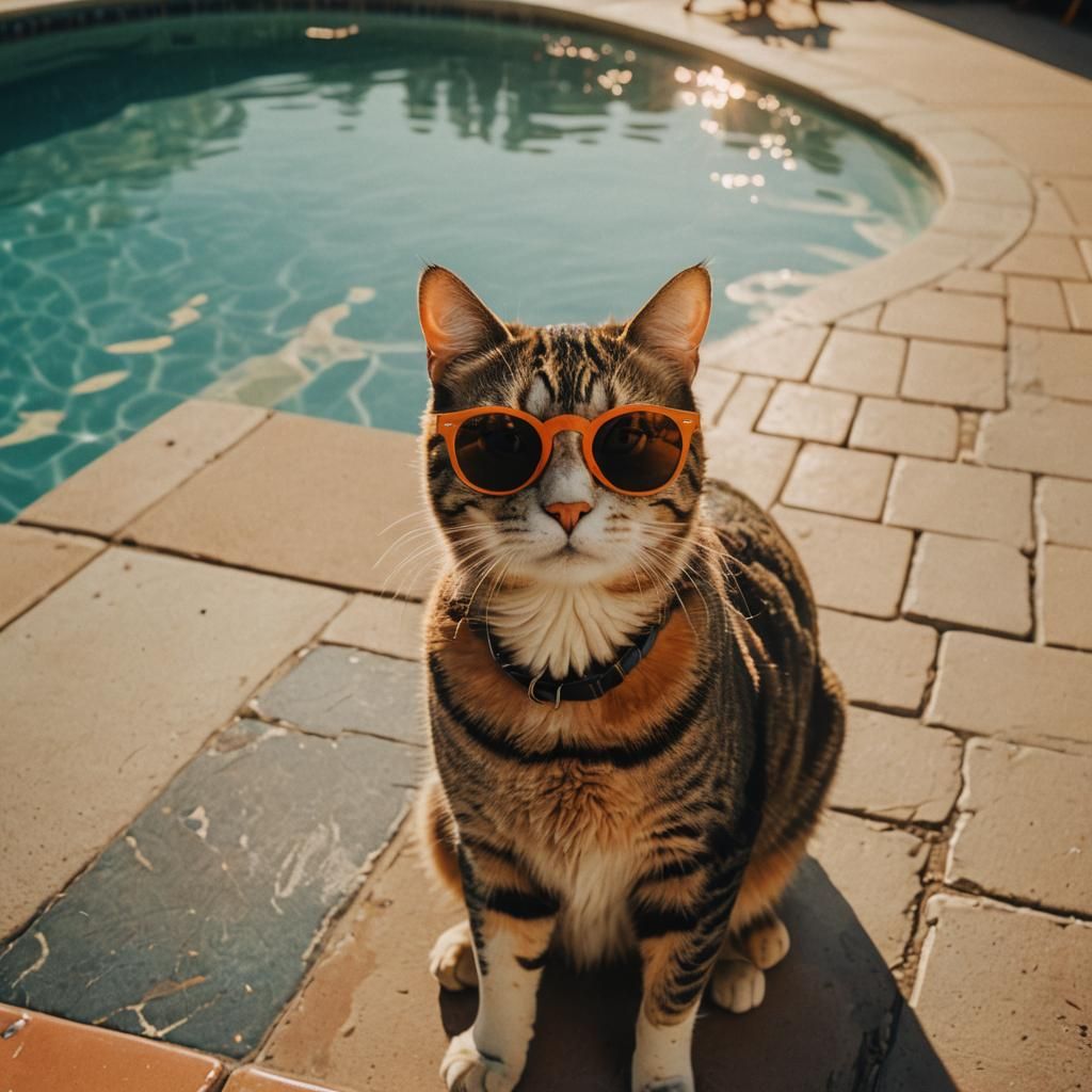 Cool Cat Lounging Poolside: A Cinematic Summer Scene