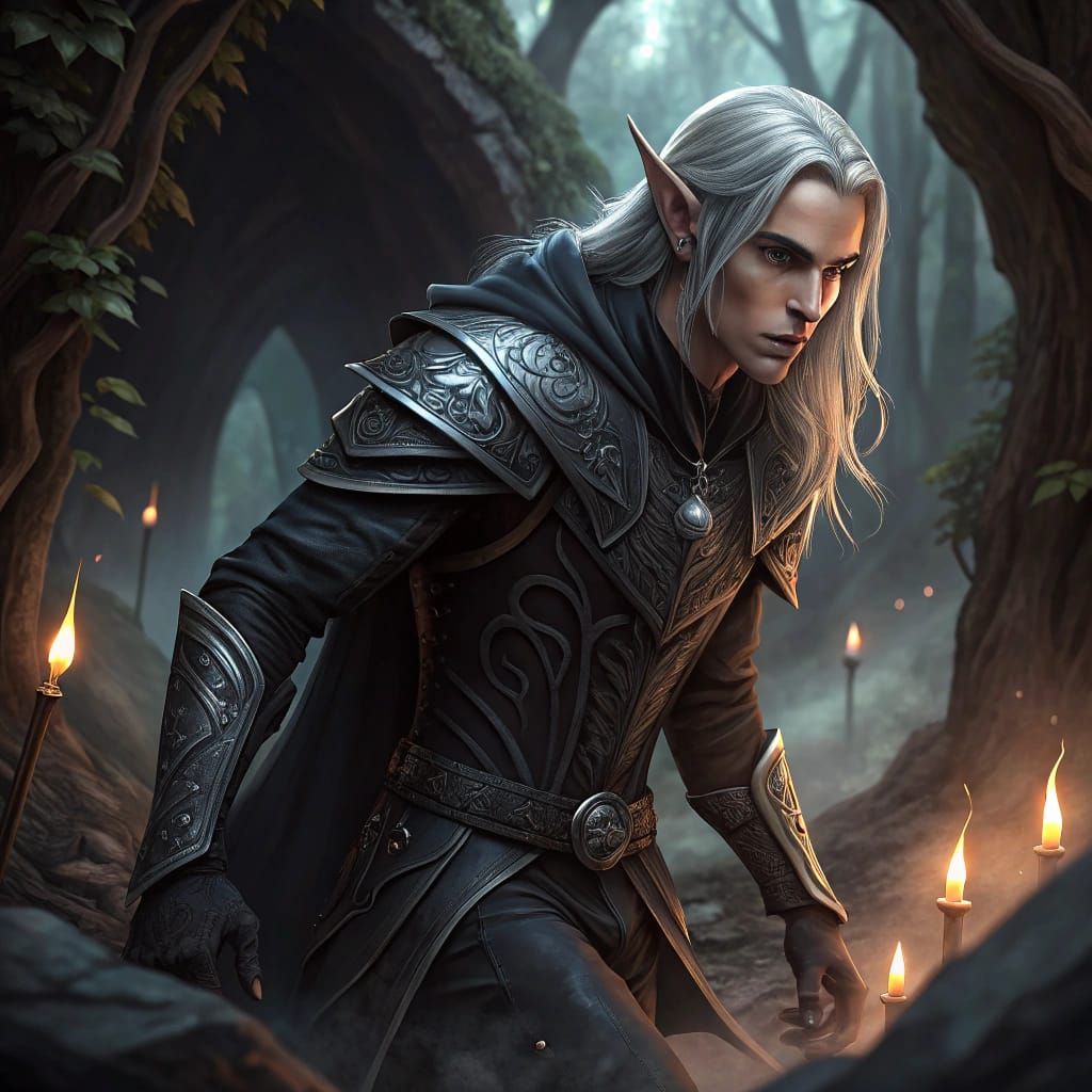 Dark Elf Rogue in Shadowy Cavern