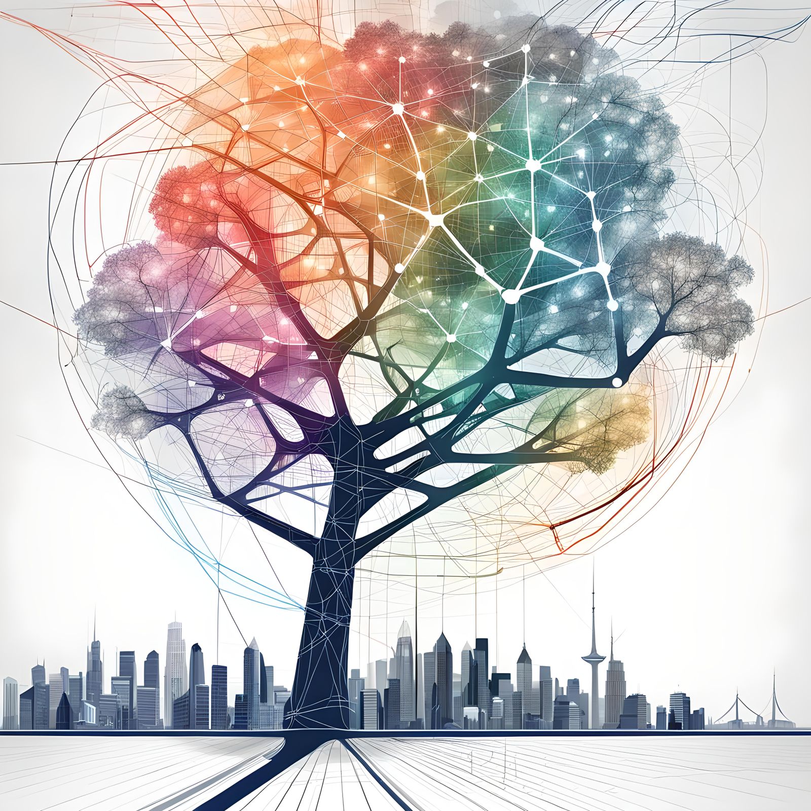 Technified Tree with City Sketches in Cyberspace