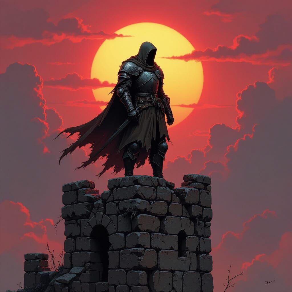Knight Silhouetted Against Blood-Red Sunset in Dark Fantasy ...