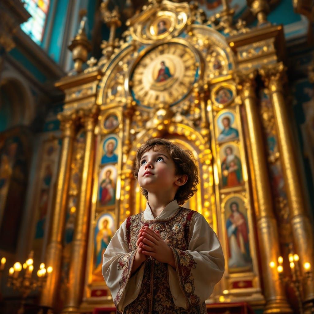 Young Child Prays Before Iconostasis in Vibrant Orthodox Chu...