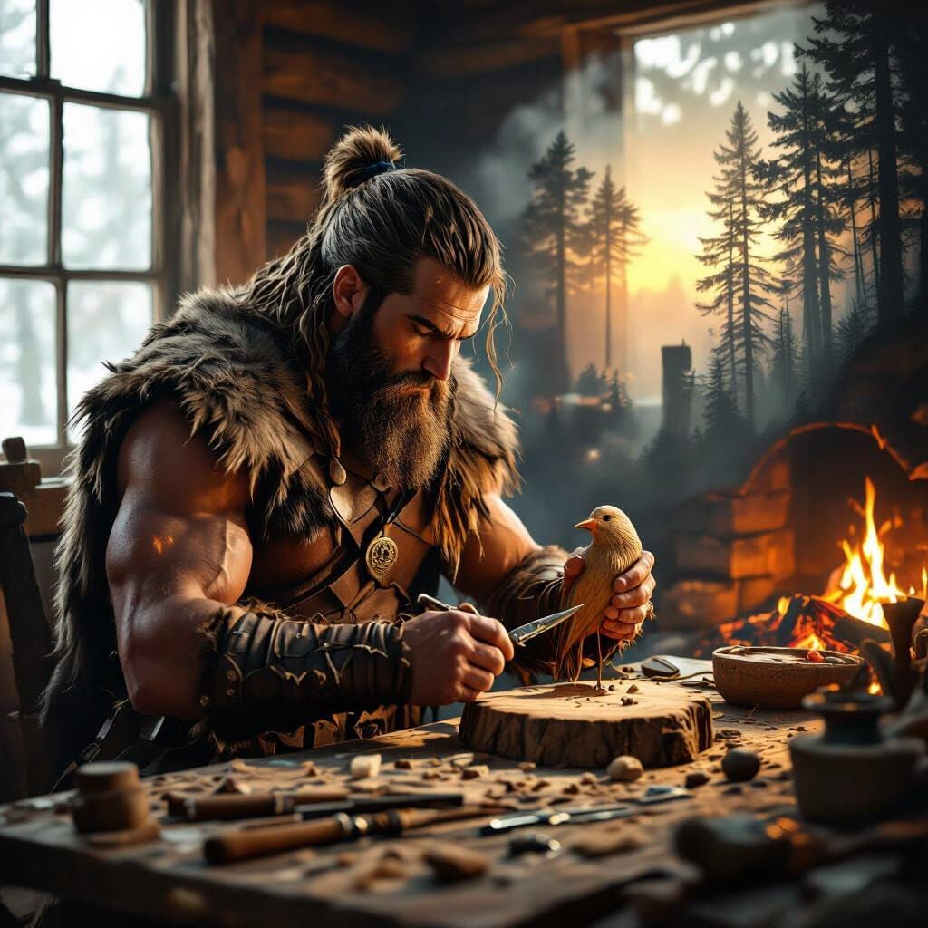 Barbarian Warrior Carves Wooden Bird in Cozy Cabin