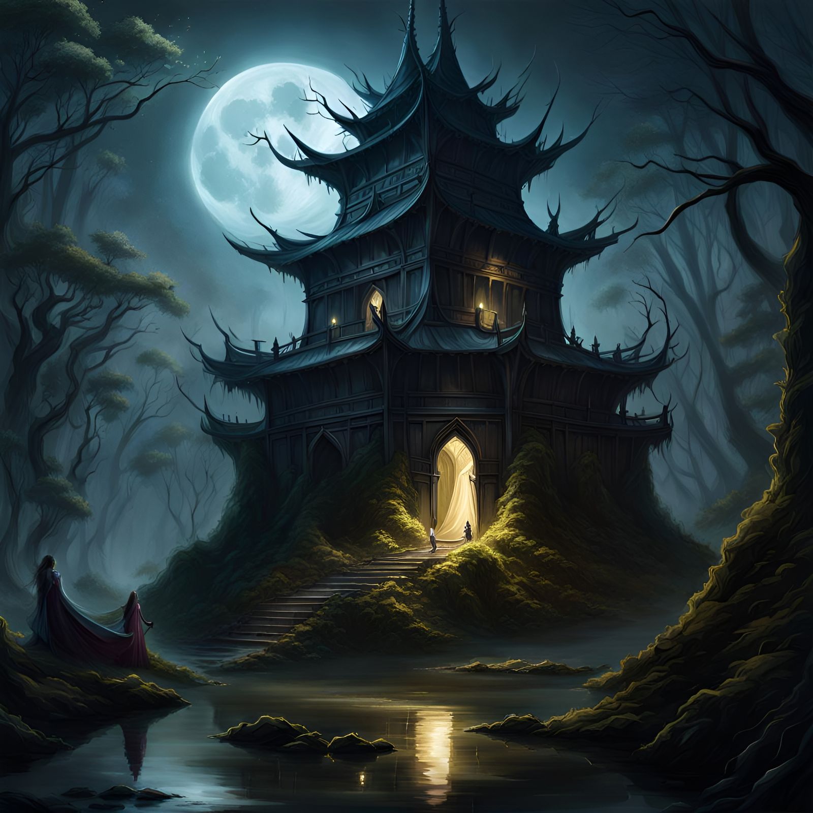 Eerie Witch Tower in Dark Swamp: Digital Art