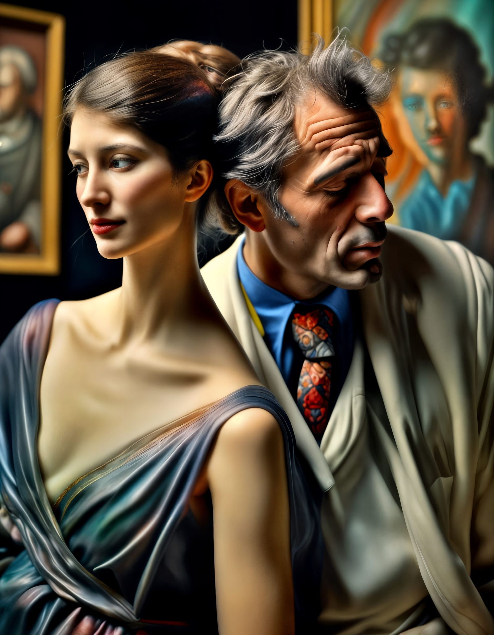 Couple in Art Museum: Hyperrealistic Polychromatic Photograp...