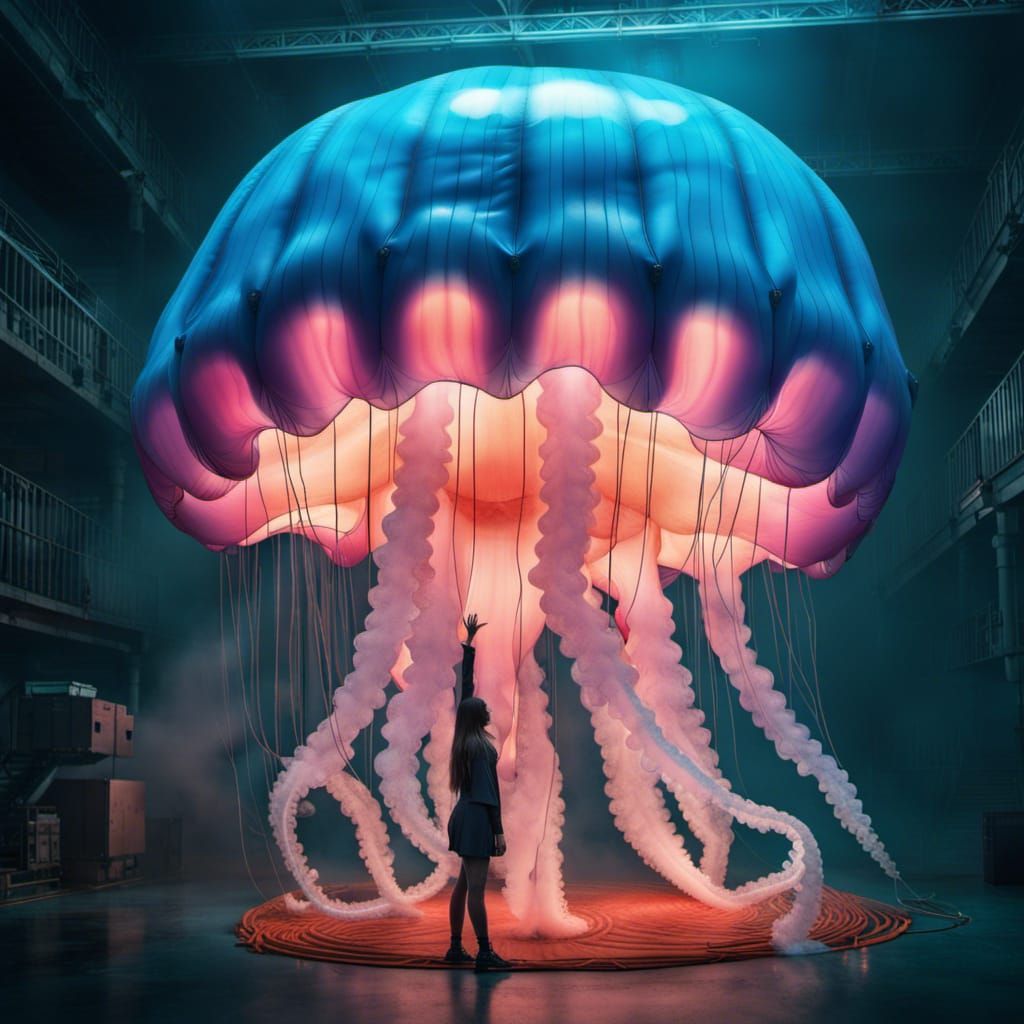Woman with Giant Inflatable Jellyfish in Hyperrealism Style