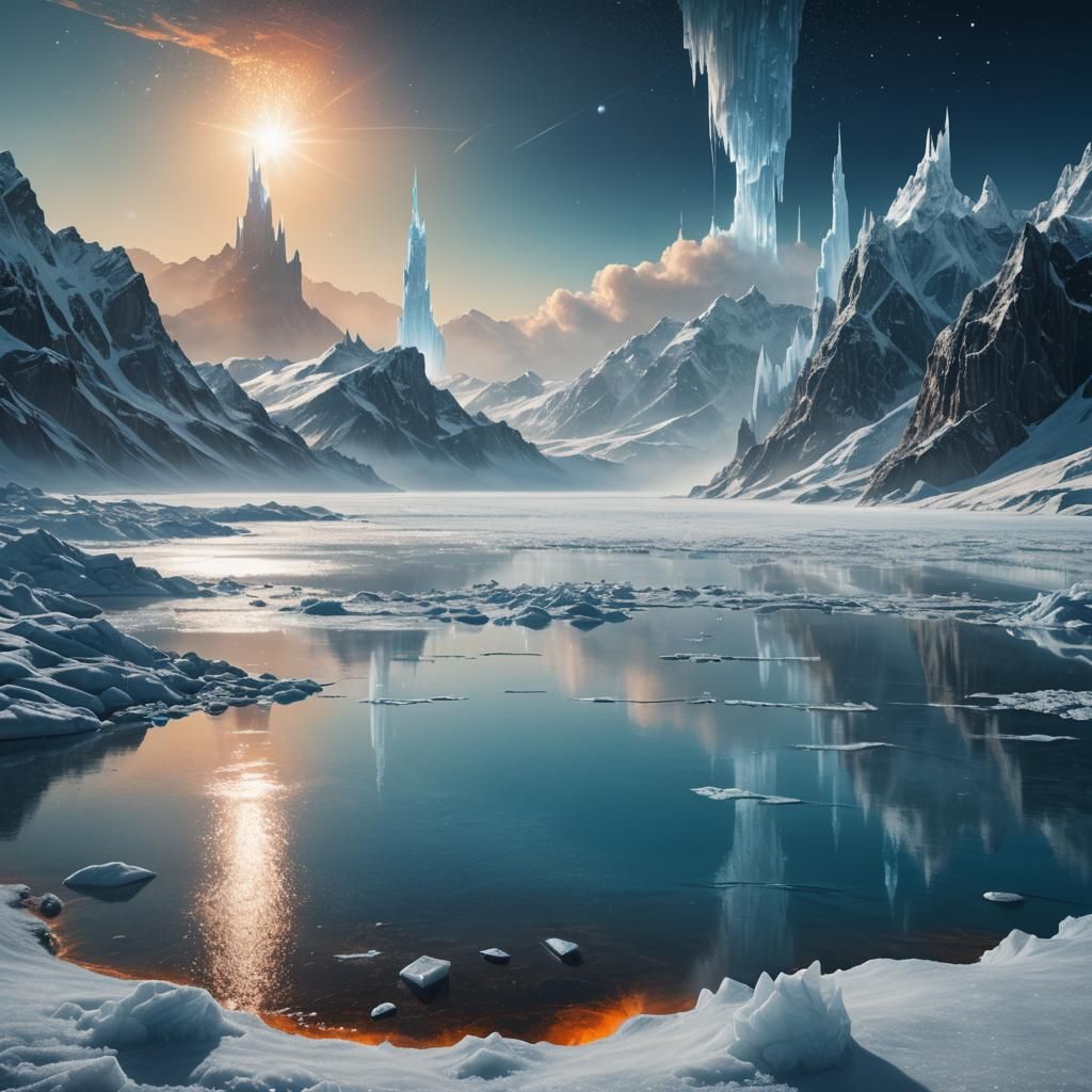 Icy Enceladus Landscape with Celestial Traveler