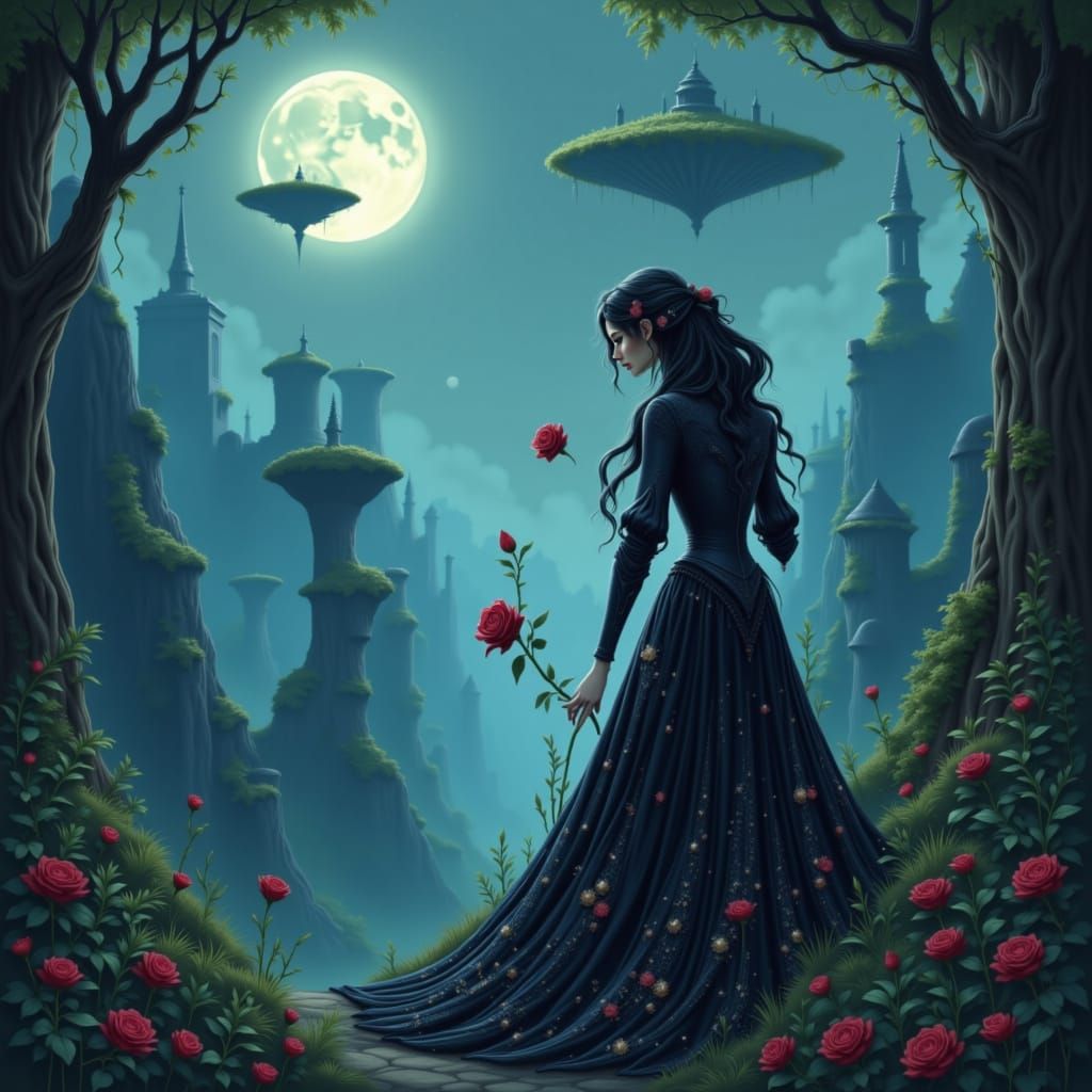 Queen Tends Black Rose in Gravity-Defying Garden