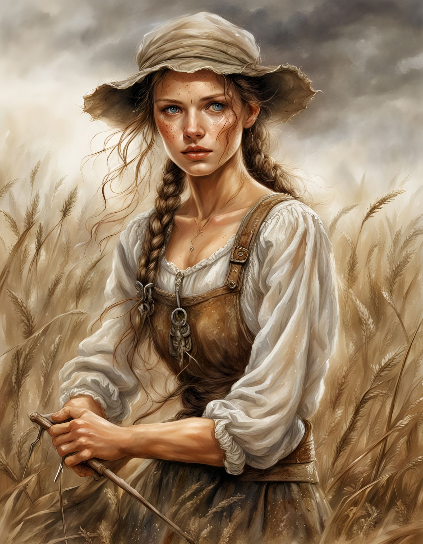 Freckled Peasant Girl in Field, Fantasy Art