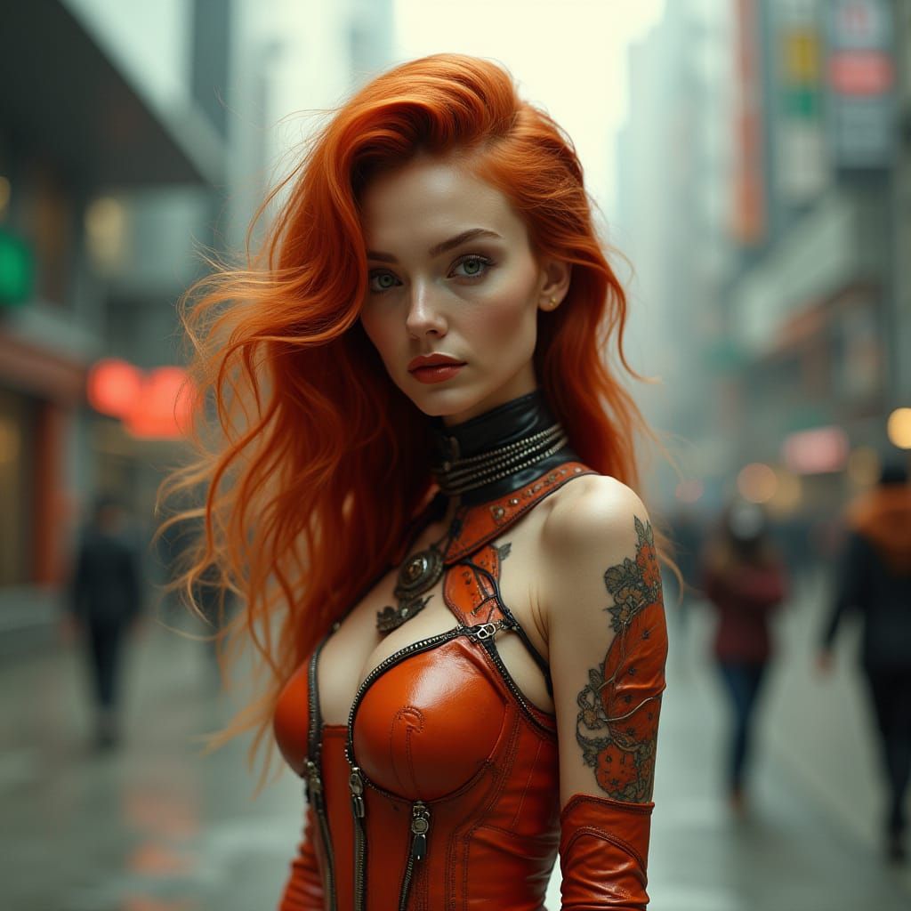 Futuristic Redhead in a Sci-Fi Cityscape