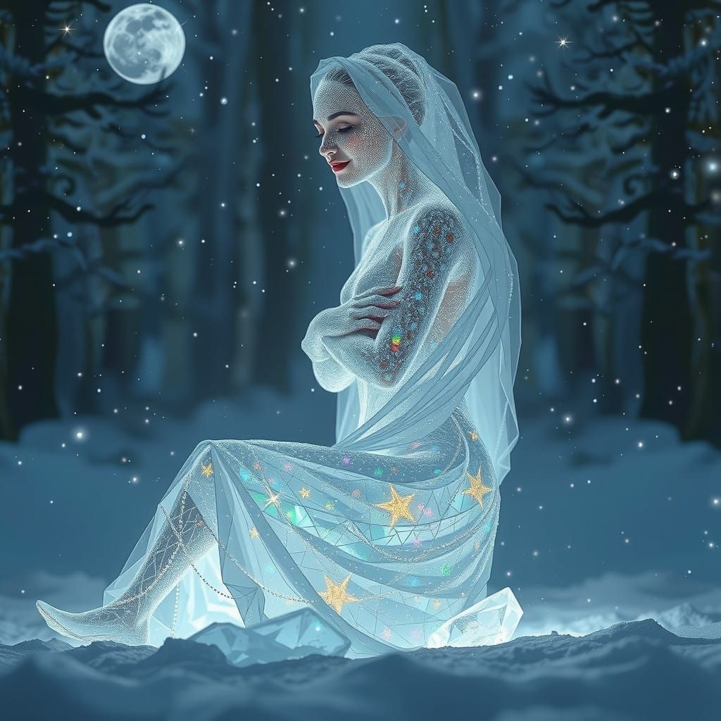 Glimmering Crystalline Woman Emerges in Serene, Snow-Covered...