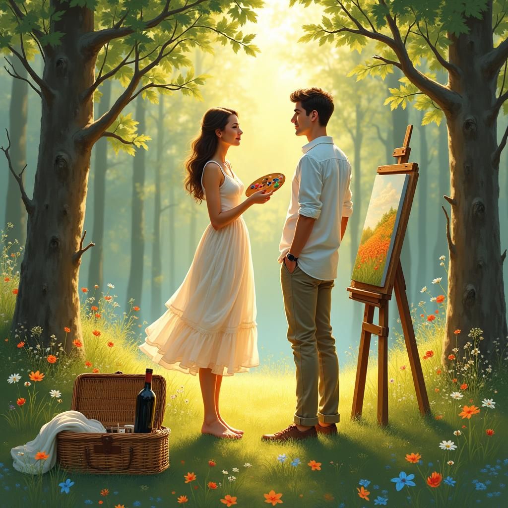 Romantic Forest Painting by Young Couple