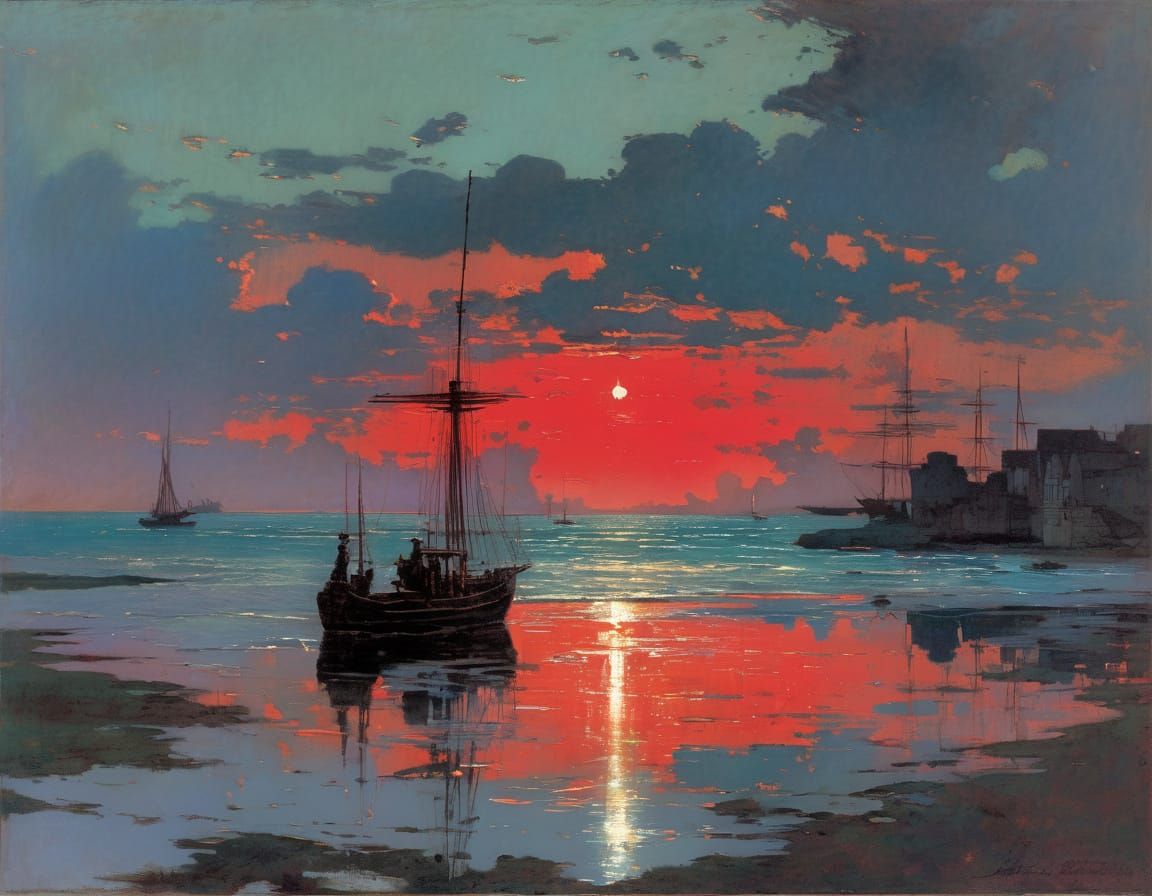 Vibrant Sunset at Sea in Romantic Realism Style