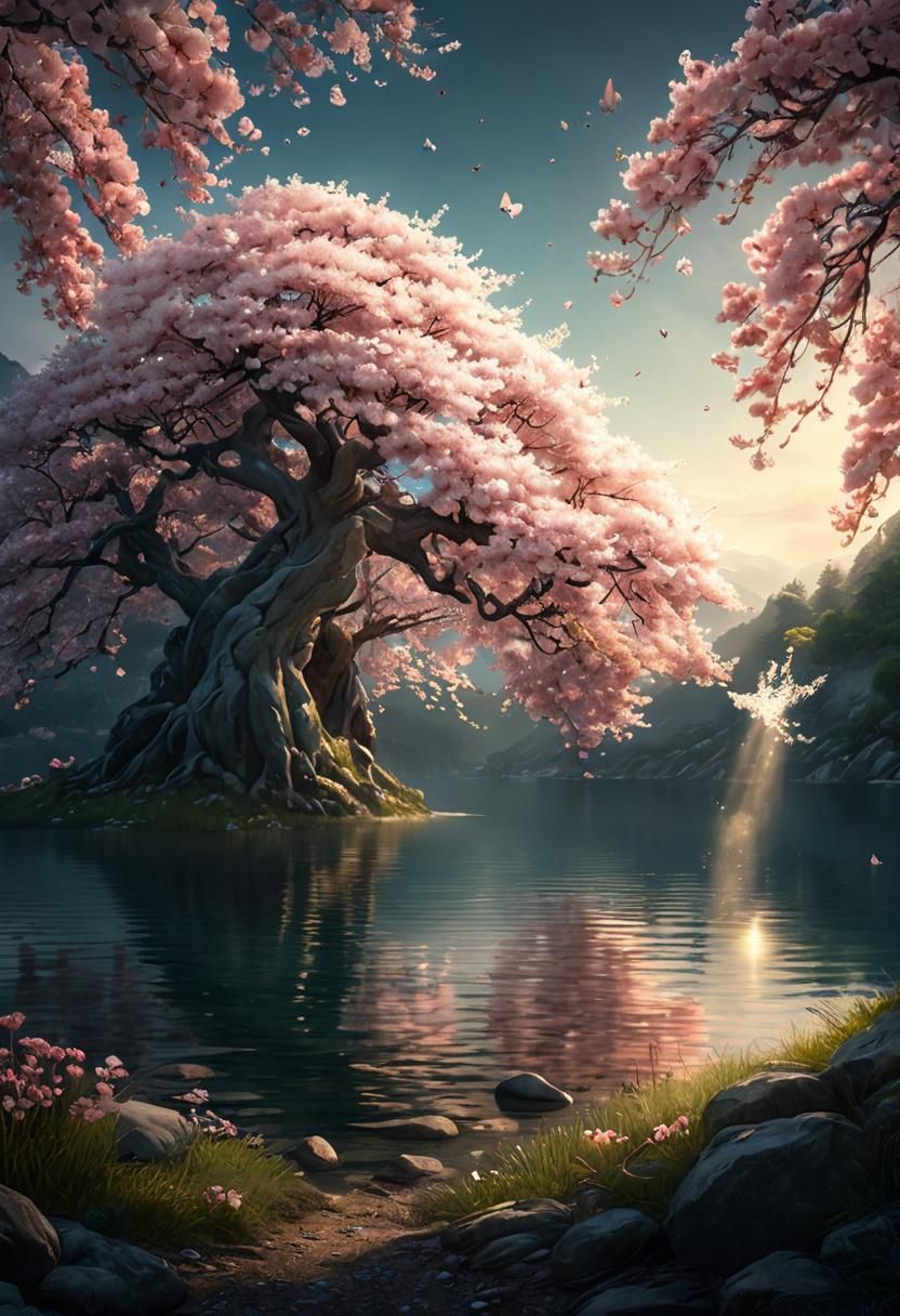 Hyperdetailed Macro Photo of Cherry Blossoms and Pixies