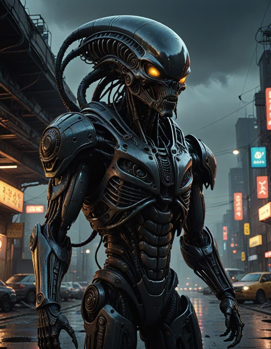 Bio-Mechanical Alien Warrior in Dark Gritty Cyberpunk Style