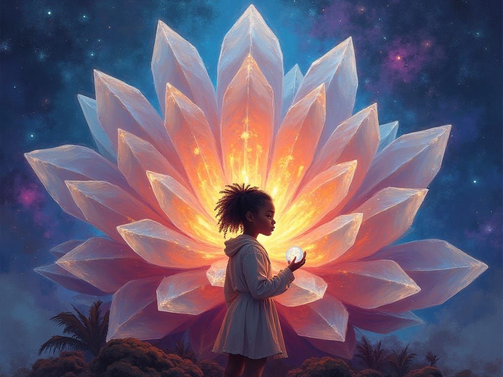 Girl Channels Energy to Luminous Crystalline Flower