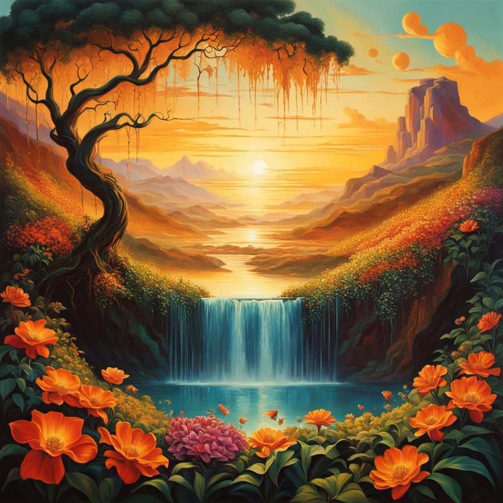 Ethereal Dancer Emerge from Majestic Waterfall in Vibrant Oi...