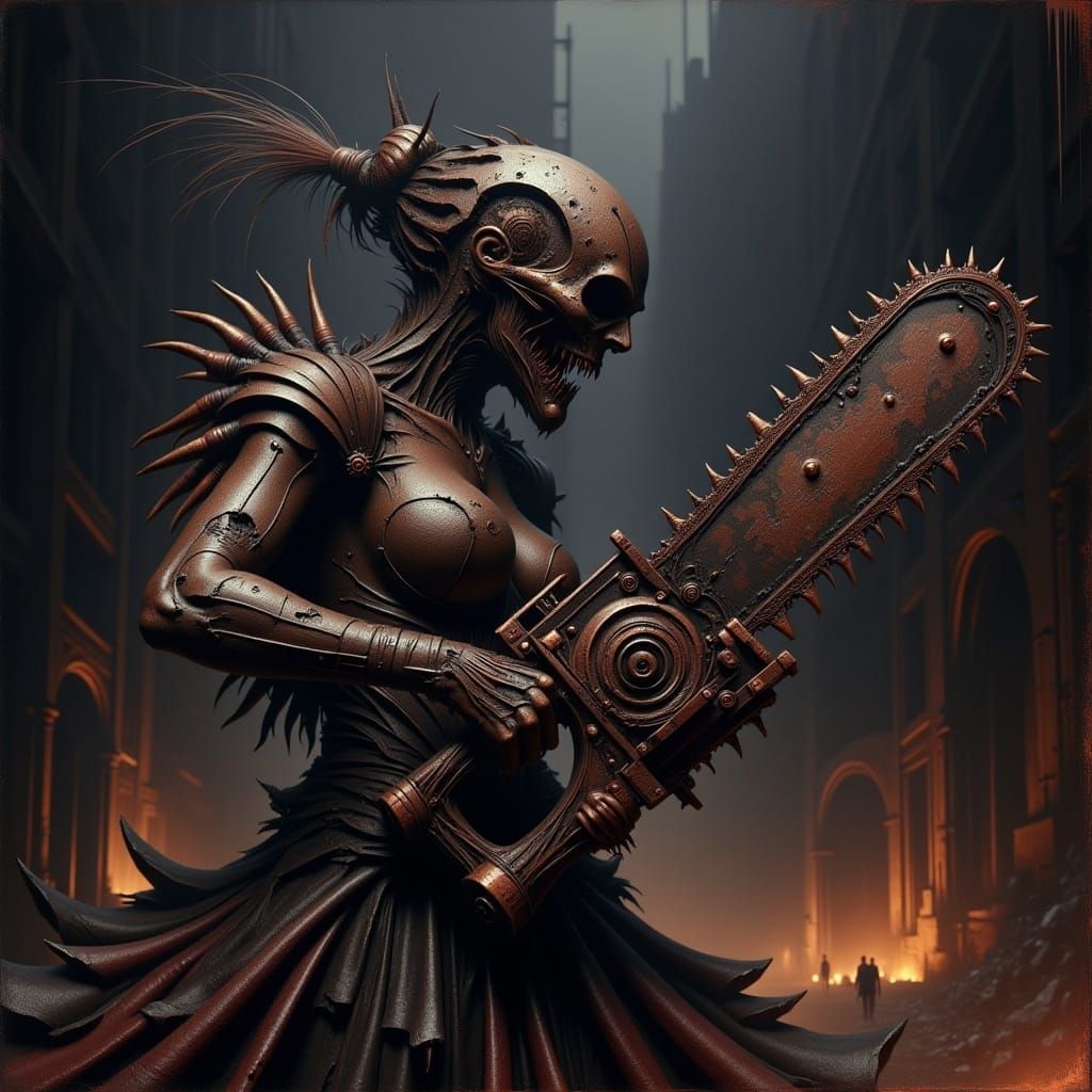 Woman with Chainsaw in Dark Futuristic Style