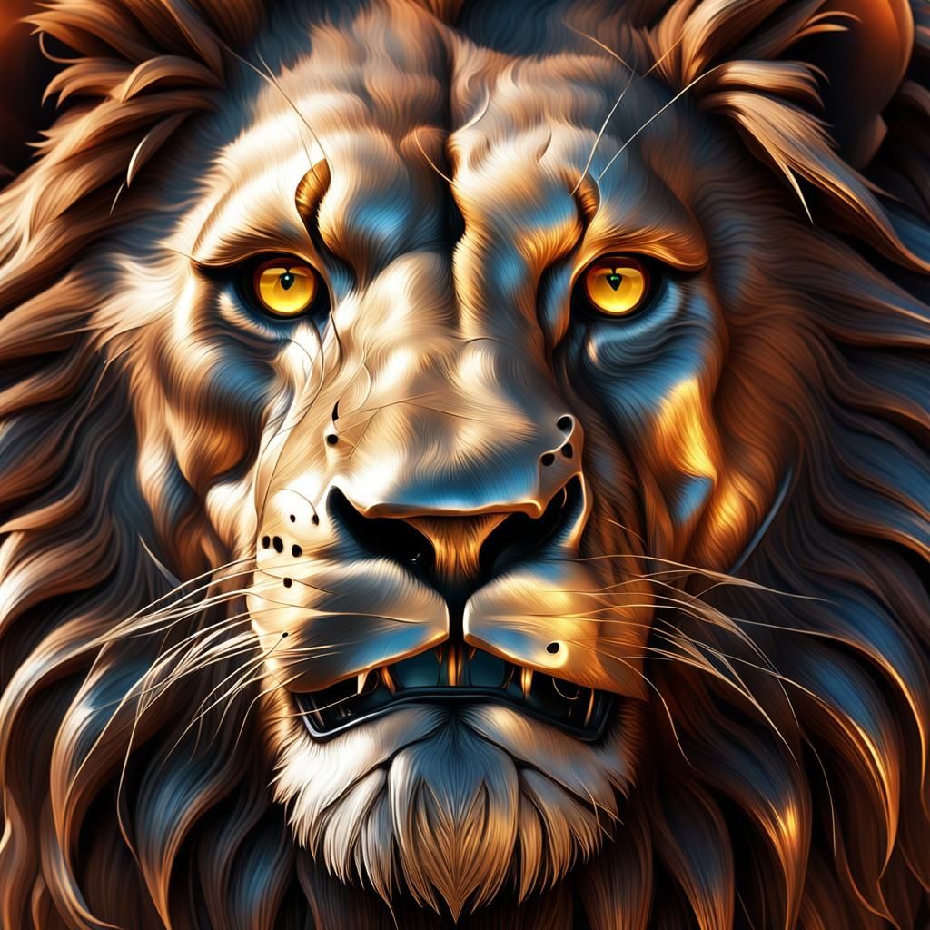 Metallic Lion Portrait with Intense Glowing Eyes