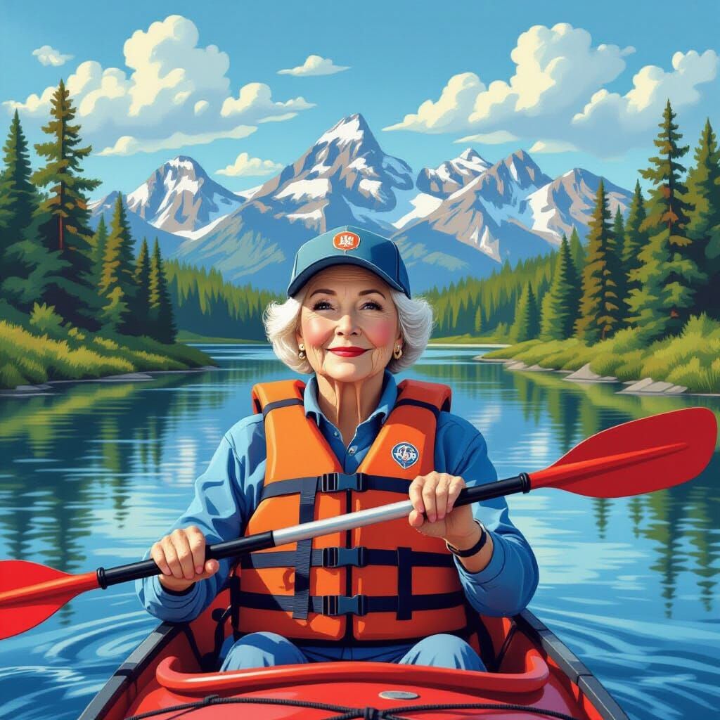 Elderly Woman Paddling Kayak on Serene River, Painterly Styl...