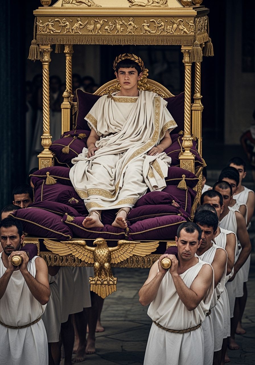Young Roman Emperor on Eagle Litter with Barefoot Servants