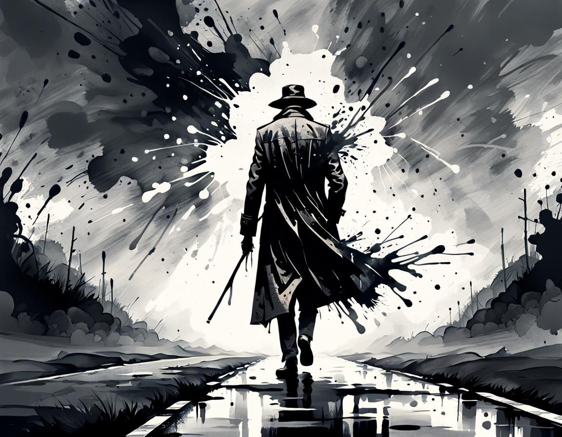 Ink Splatter Art of Figure on Misty Road