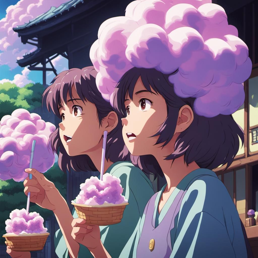 Puffy-Haired Girls Share Grape Cotton Candy, Anime Style