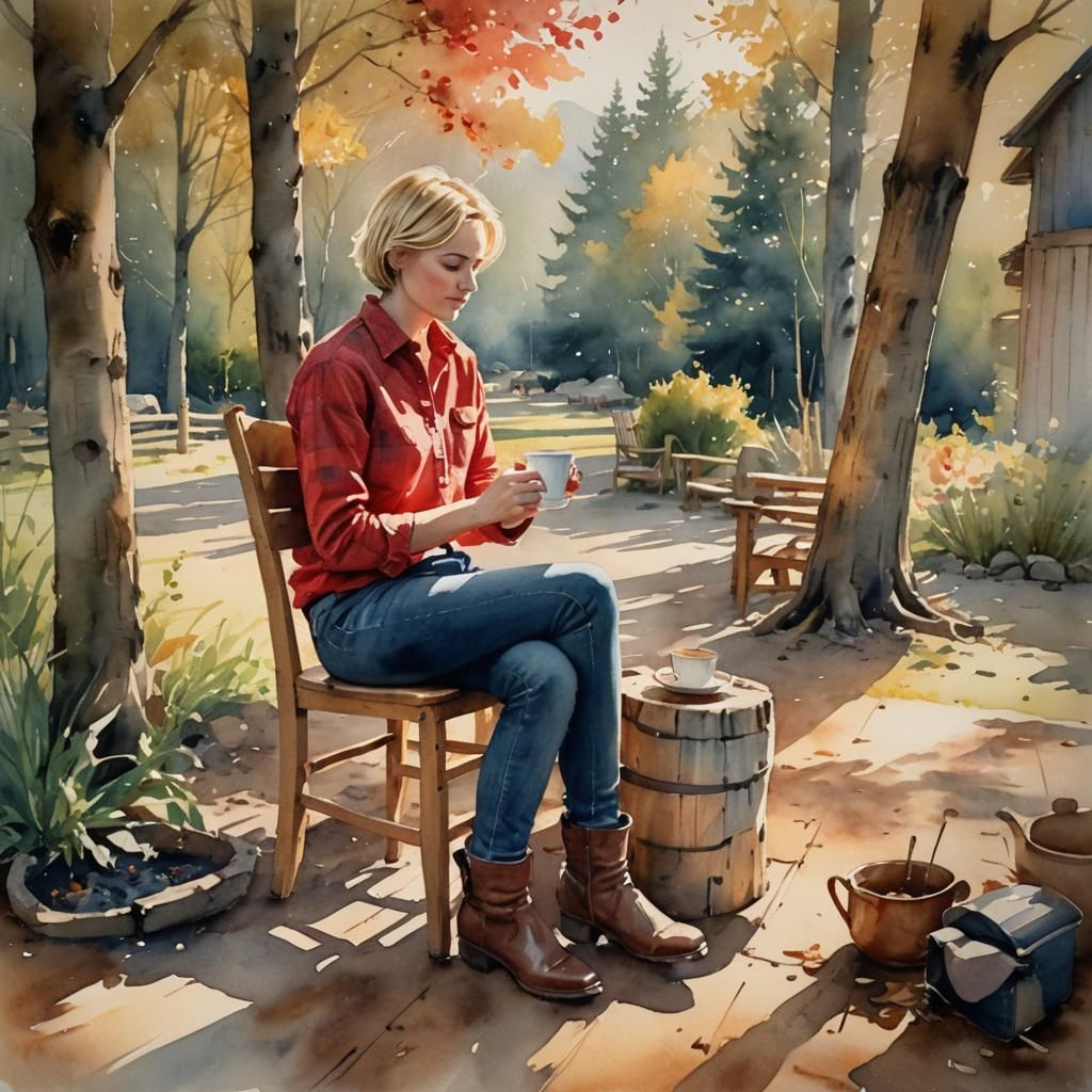 Watercolor Painting of Woman Enjoying Morning Tea