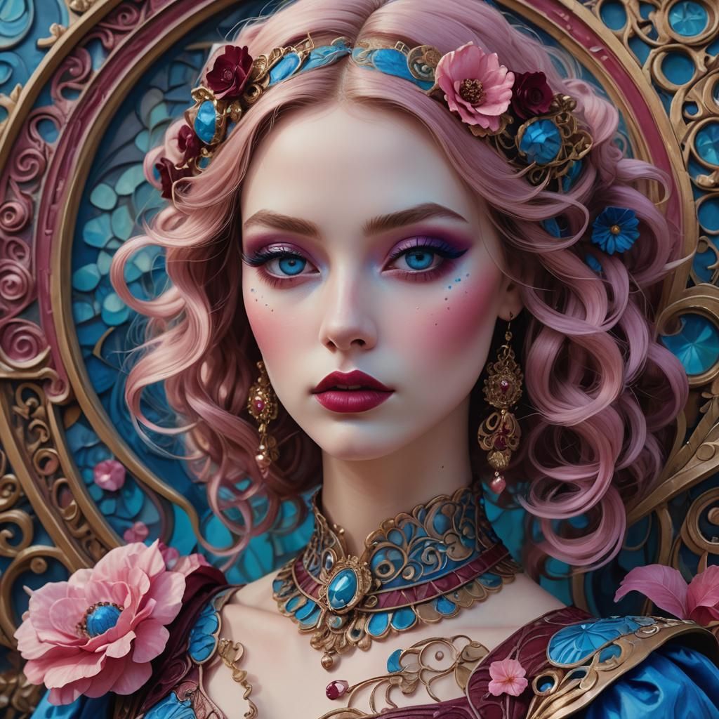 Fantasy Portrait of Woman with Doll Face in Art Nouveau Styl...