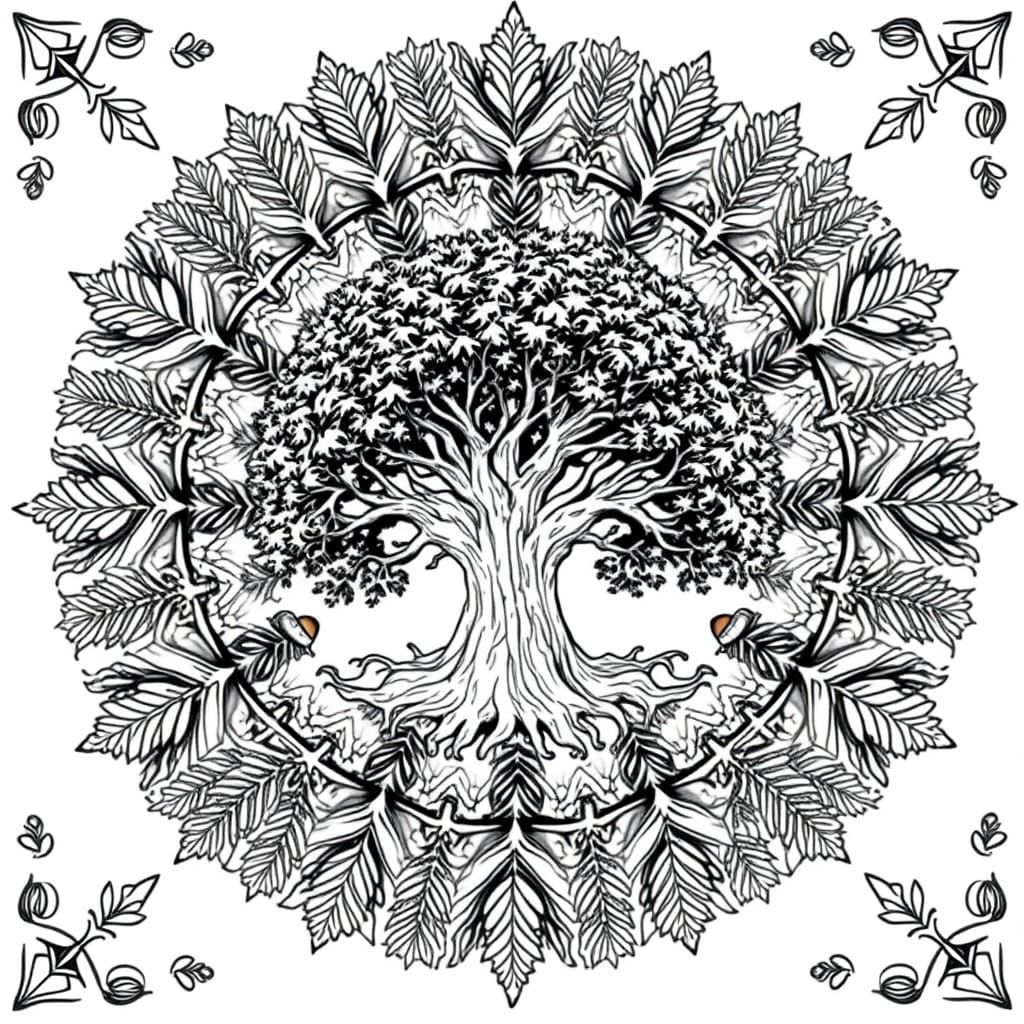 Symmetrical Forest Mandala in Black and White Line Art