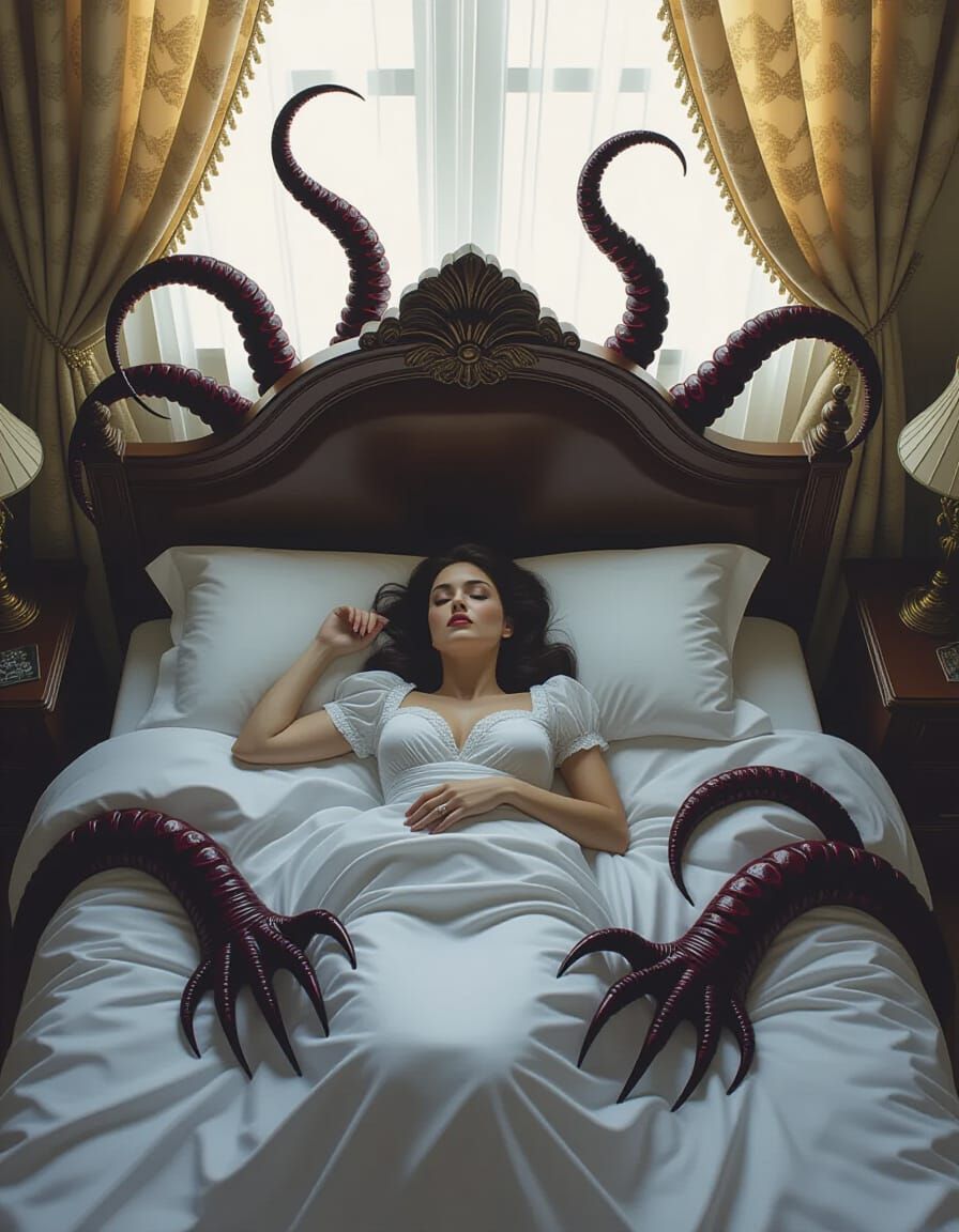 Woman Sleeping in Bed Menaced by Tentacles and Claws