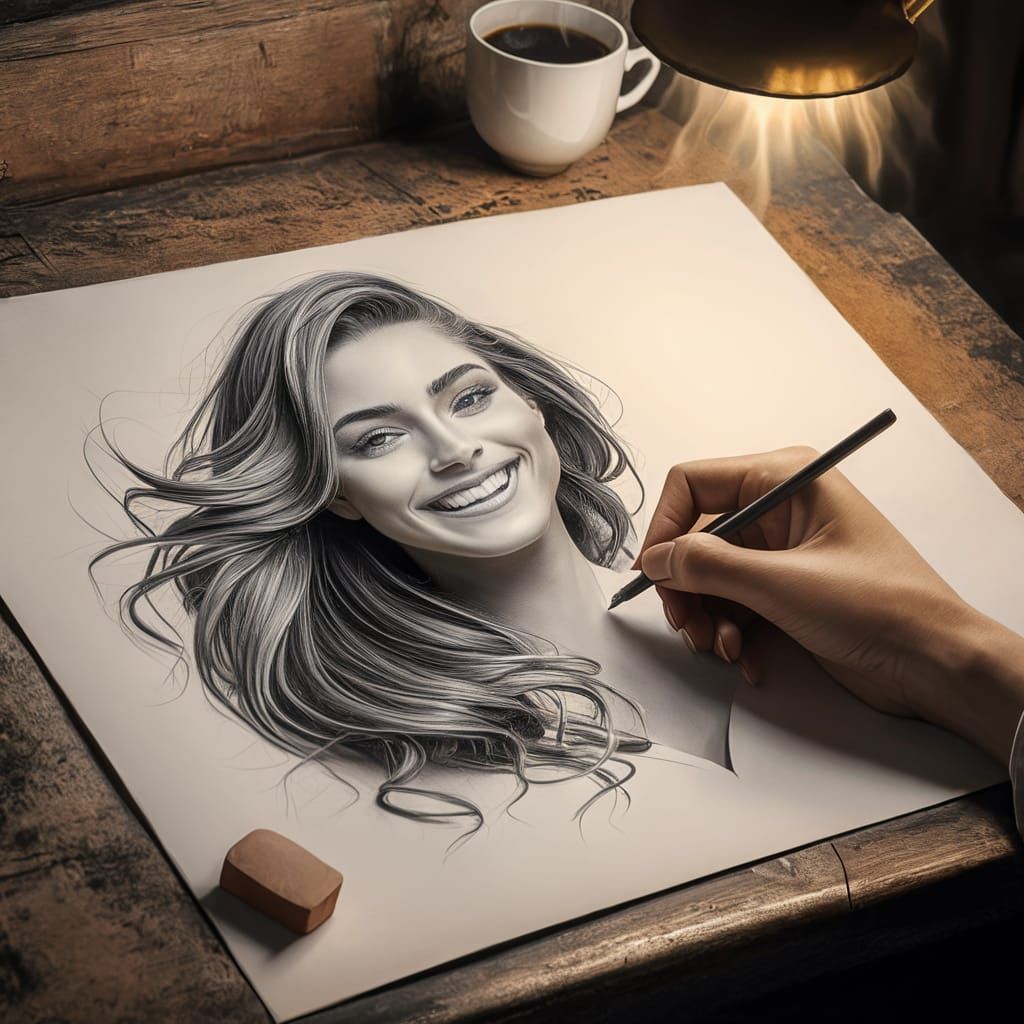 Artist's Hand Creates Portrait Sketch in Black and White