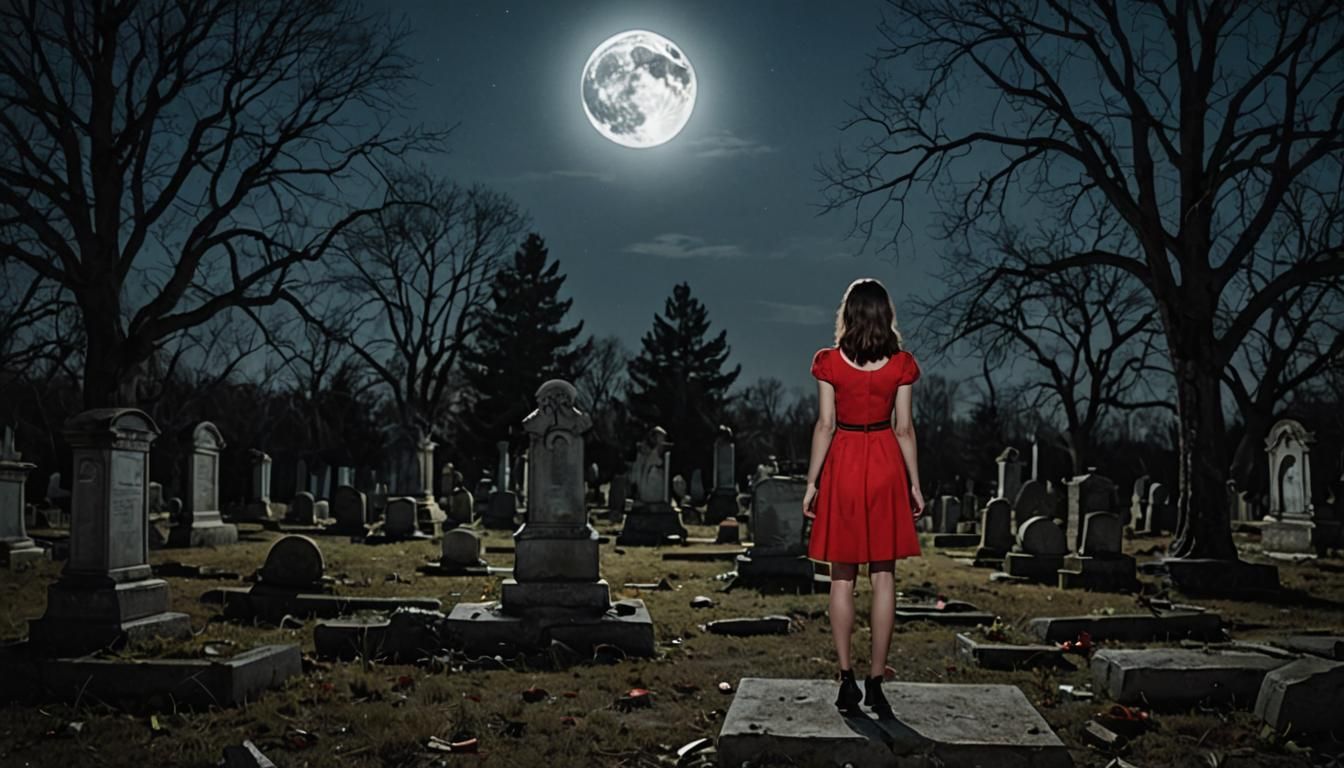 Young Girl in Red Dress in Cemetery at Night