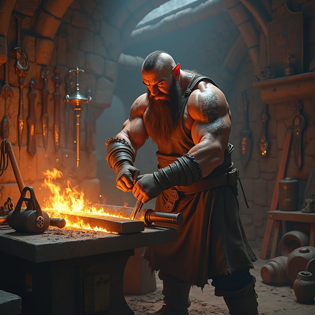 Half-Orc Blacksmith Forging Sword in Detailed Matte Painting