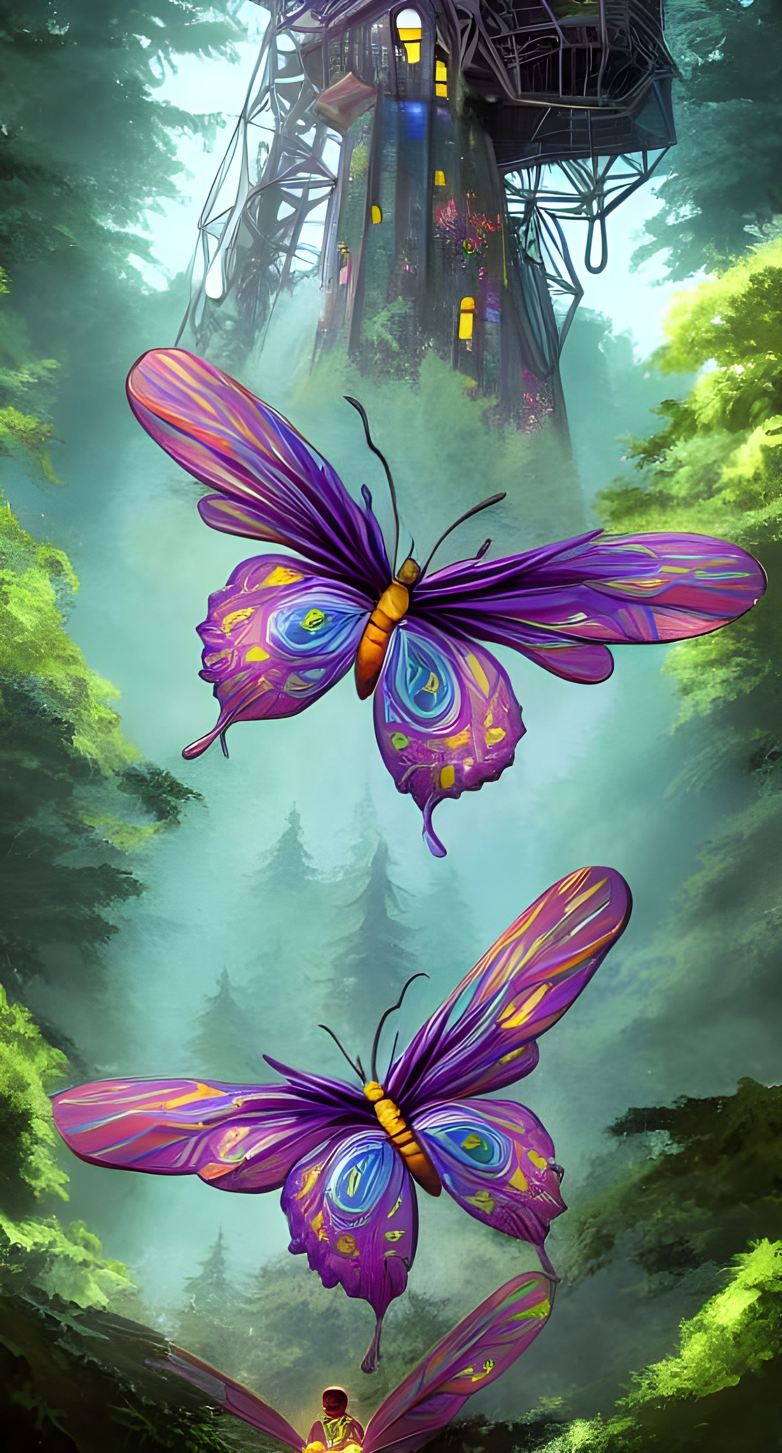 Glowing Butterfly in Rainbow Forest, Digital Illustration