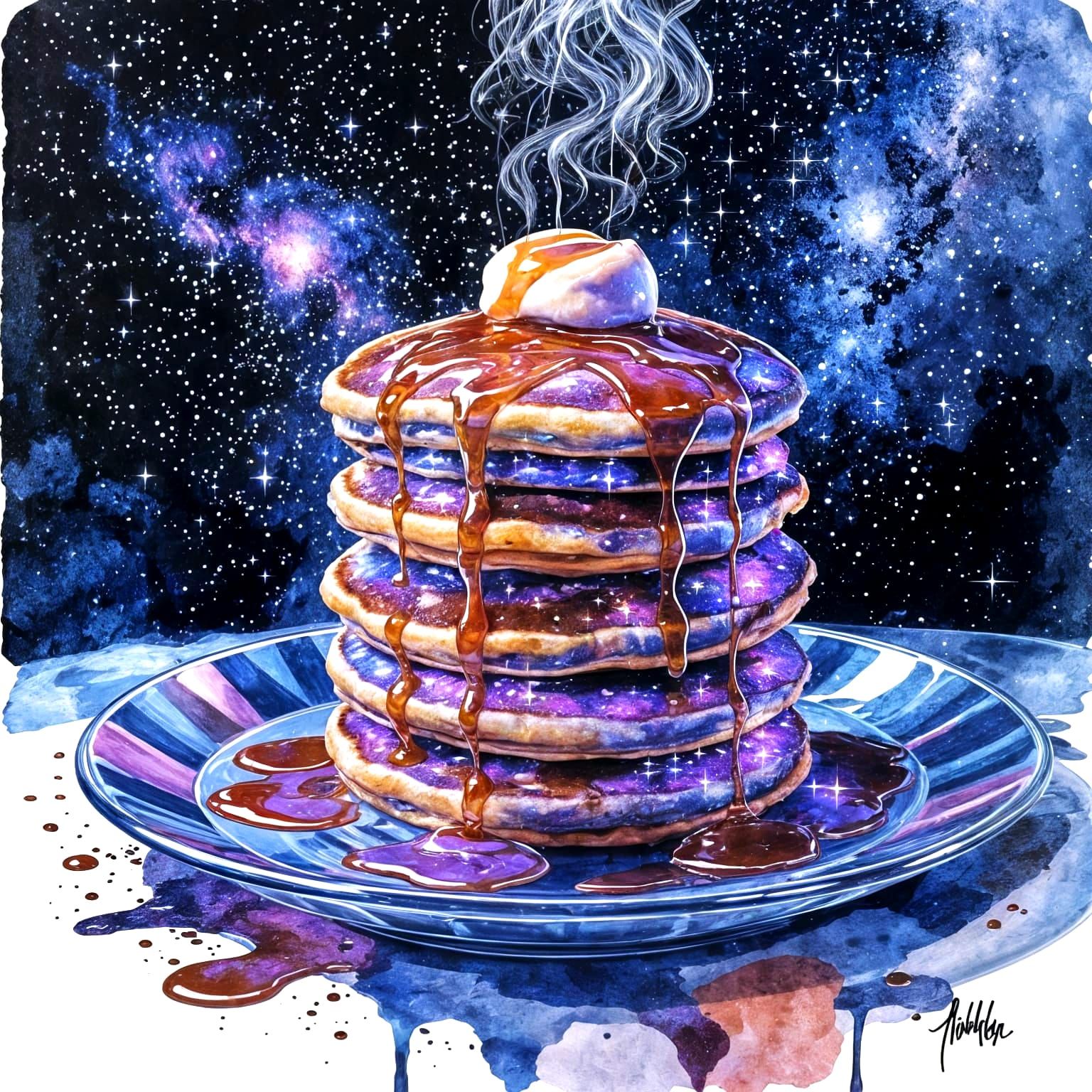 Cosmic Pancakes Drizzled with Liquid Light: Watercolor Art