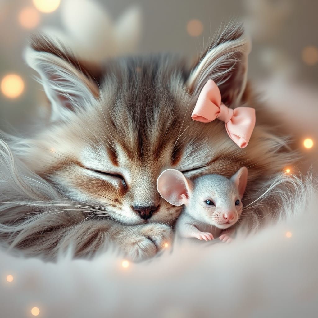 Fluffy Kitten Sleeps with Mouse, Fairytale Dream Style