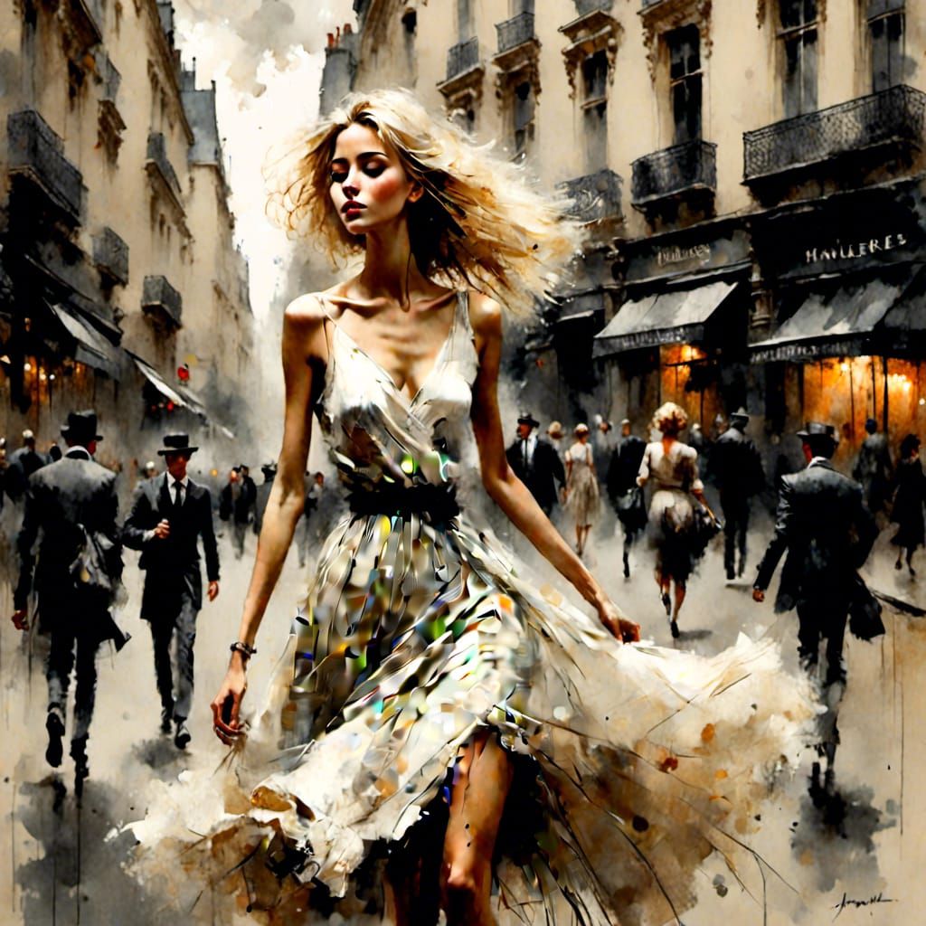 Exotic Blonde Woman Walking in Paris, Impressionistic Splash