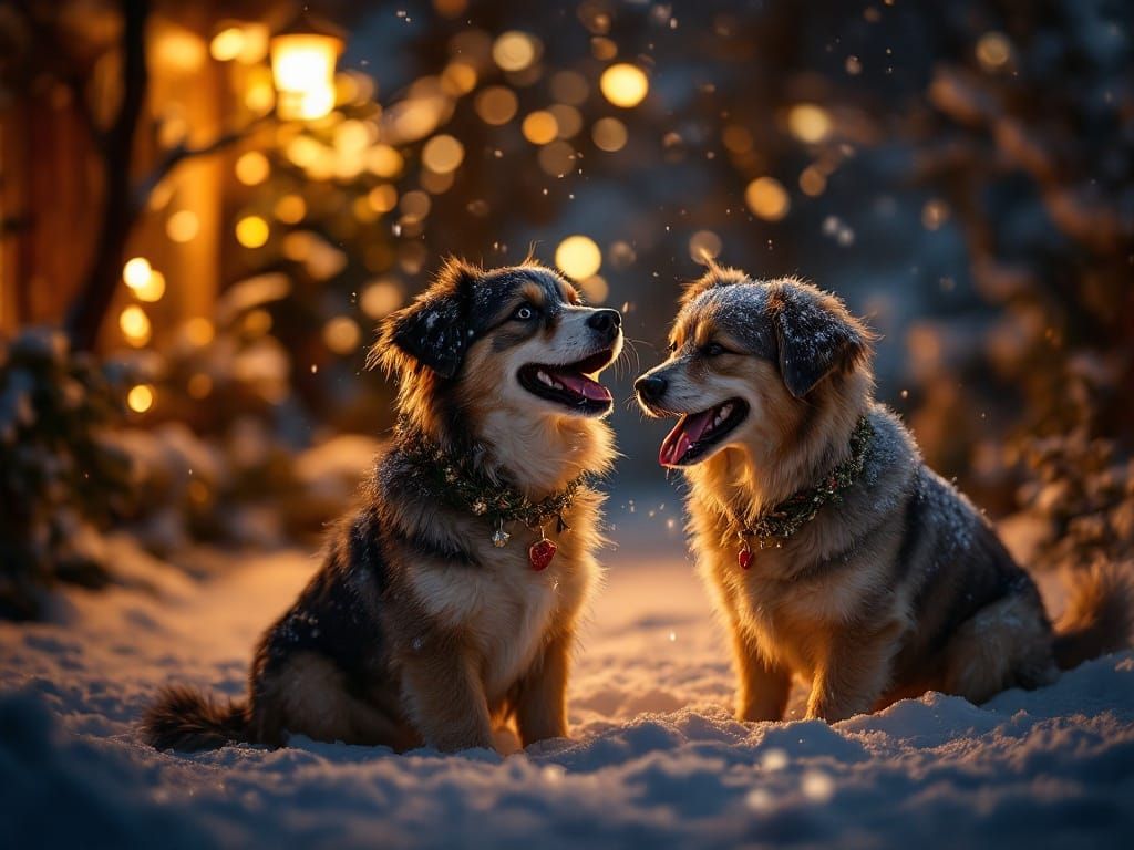 Snowy Night Joy with Happy Dogs