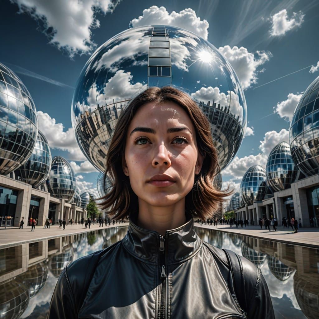 Symmetrical Futuristic Cityscape with Radiant Woman