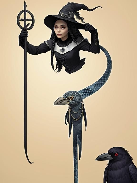 Medieval Witch with Raven and Snake Hair