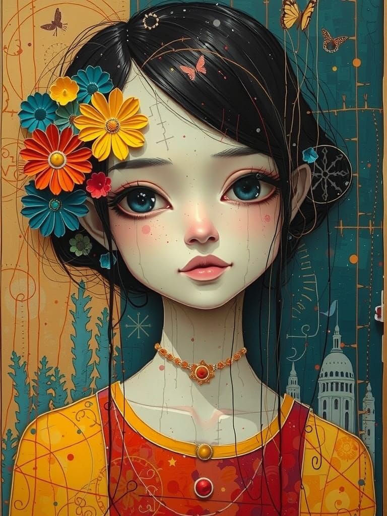 Gothic Latina Portrait with Spirograph Elements as Impasto