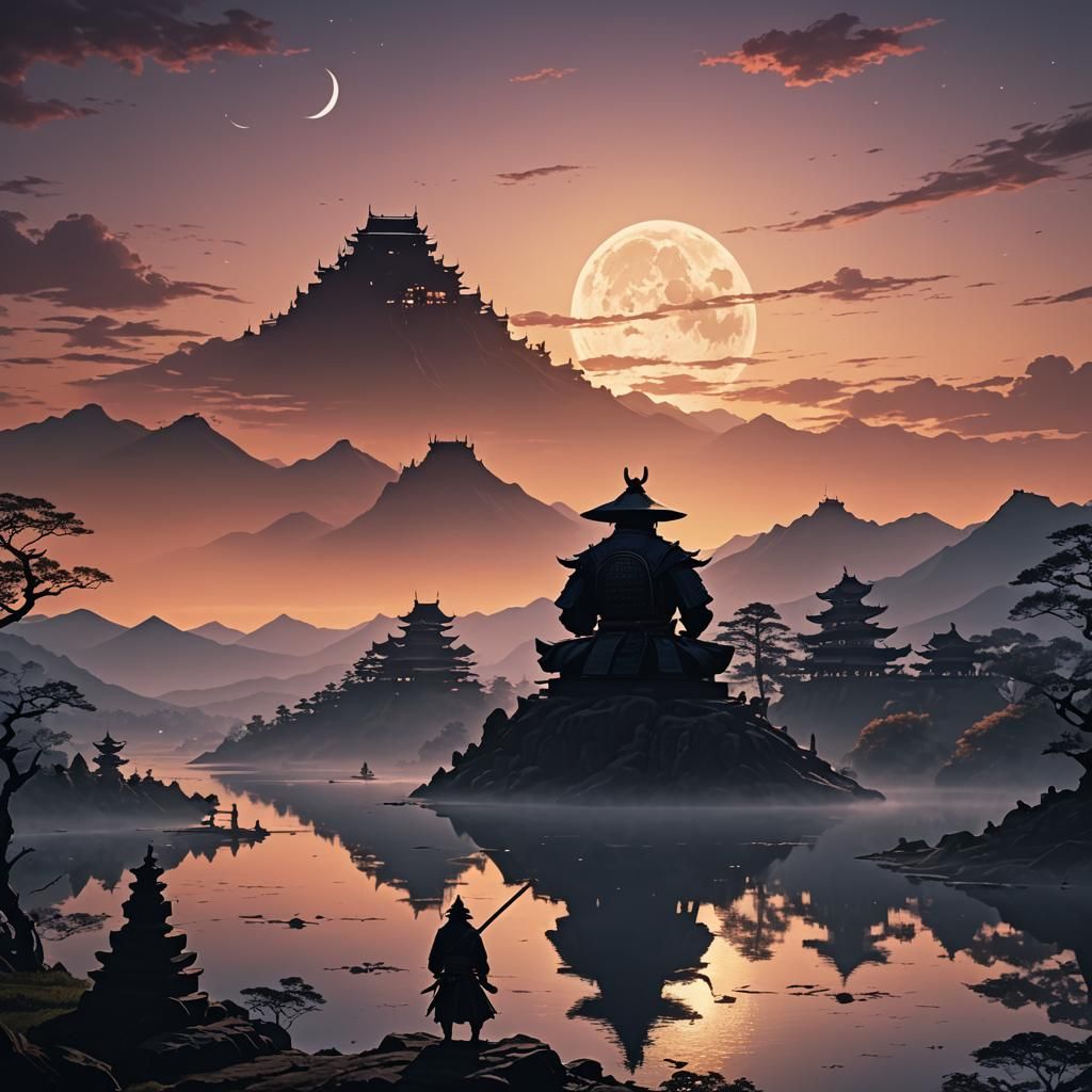 Samurai Meditation at Sunset: Cinematic Digital Painting