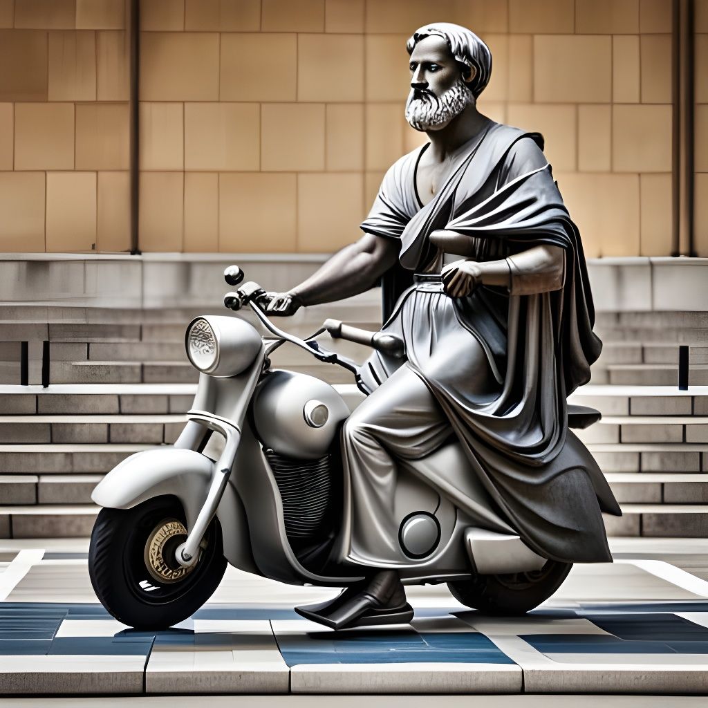 Aristotle Rides: Greek Statue on Motorcycle