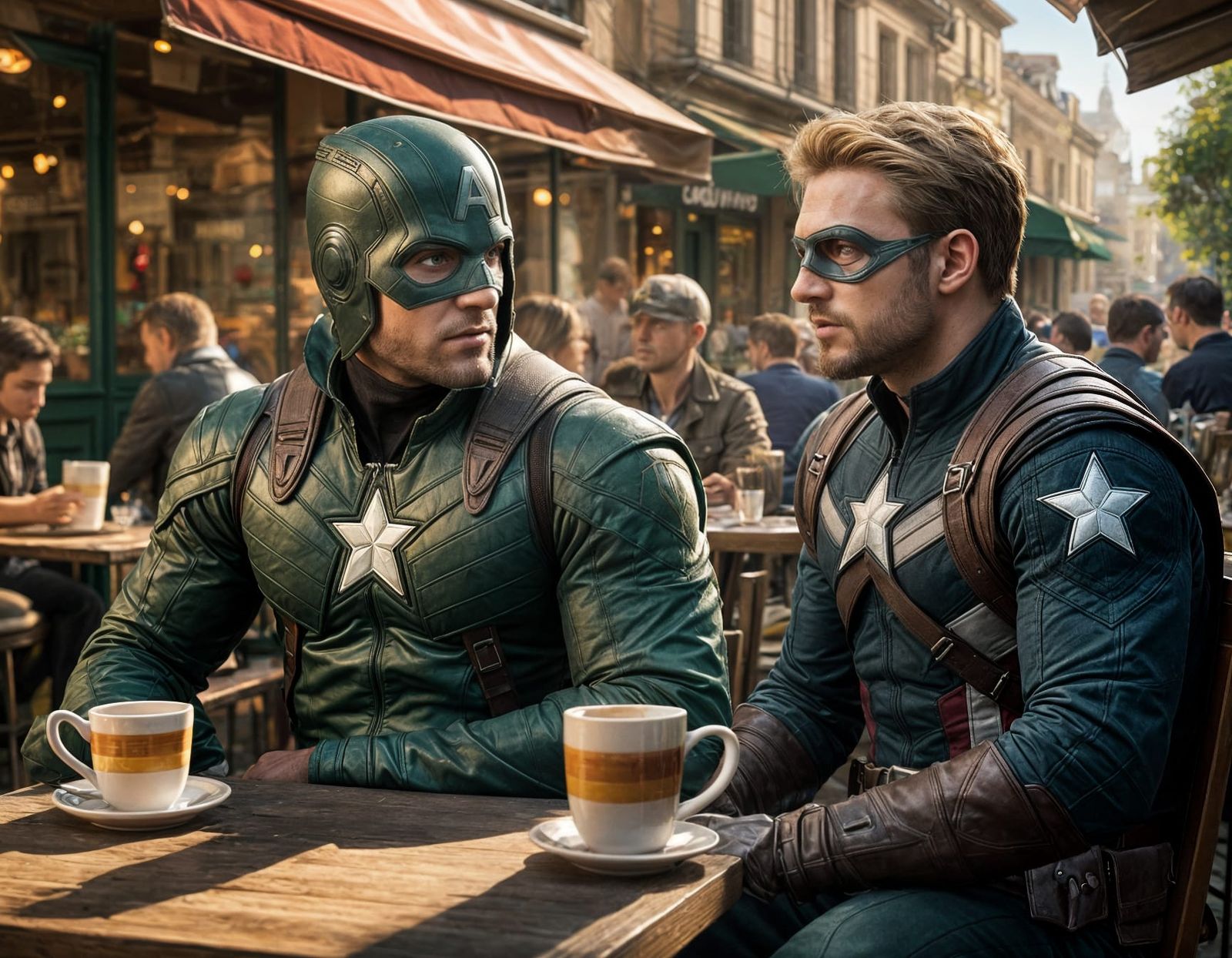 Green Arrow and Superhero at French Cafe