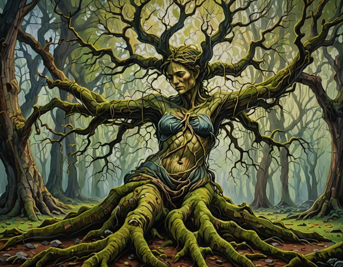 Gnarled Tree in Female Form: Impasto Impressionism