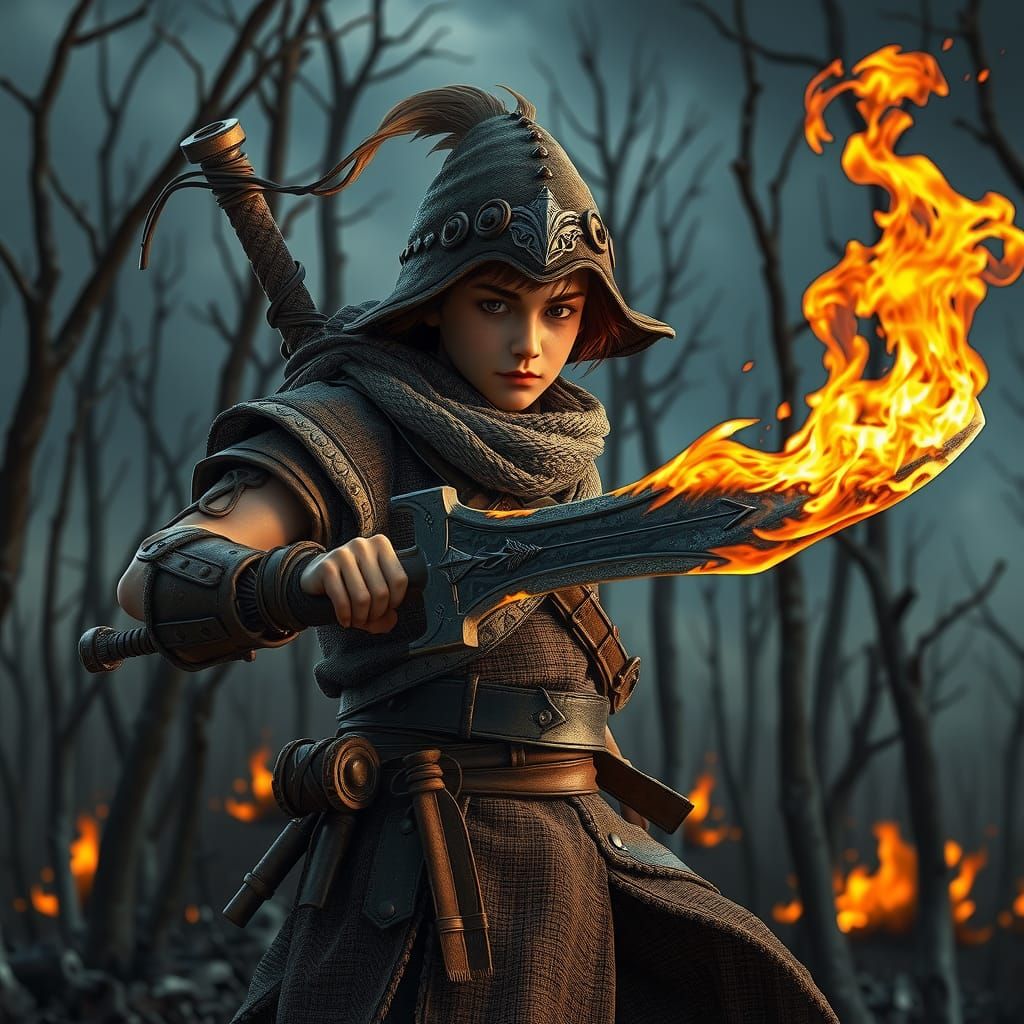 Pauper Hero with Flame Sword in Charred Wasteland