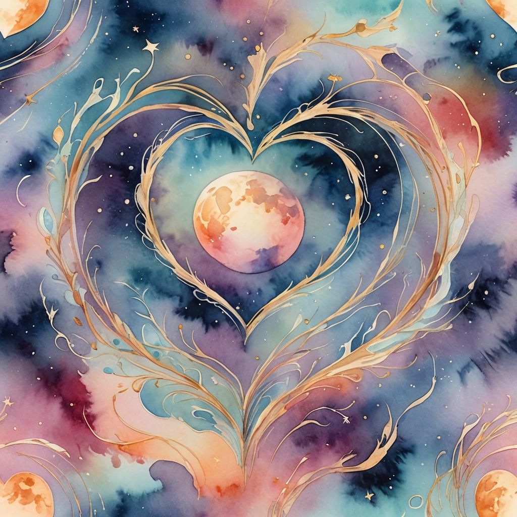 Dreamy Watercolor Heart Encircling the Moon