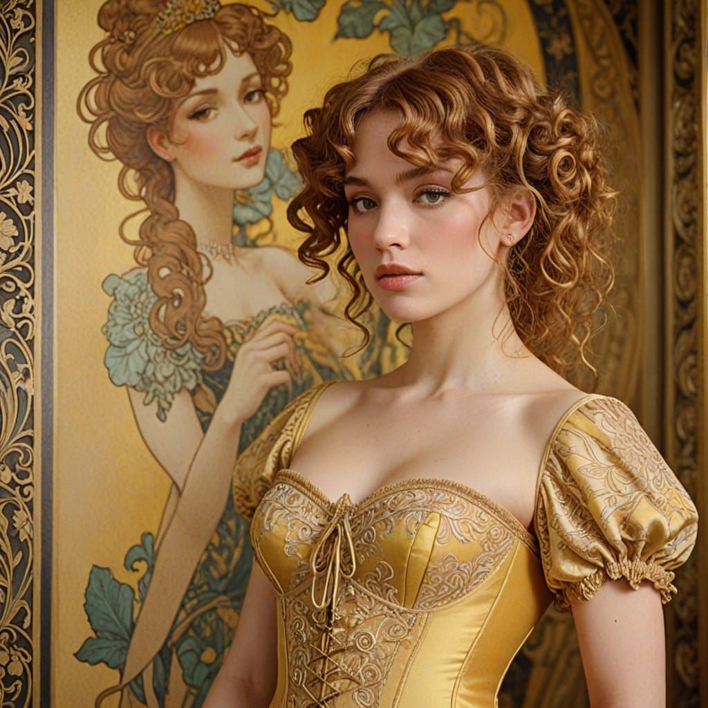 Art Nouveau Woman in Yellow Dress with Golden Light
