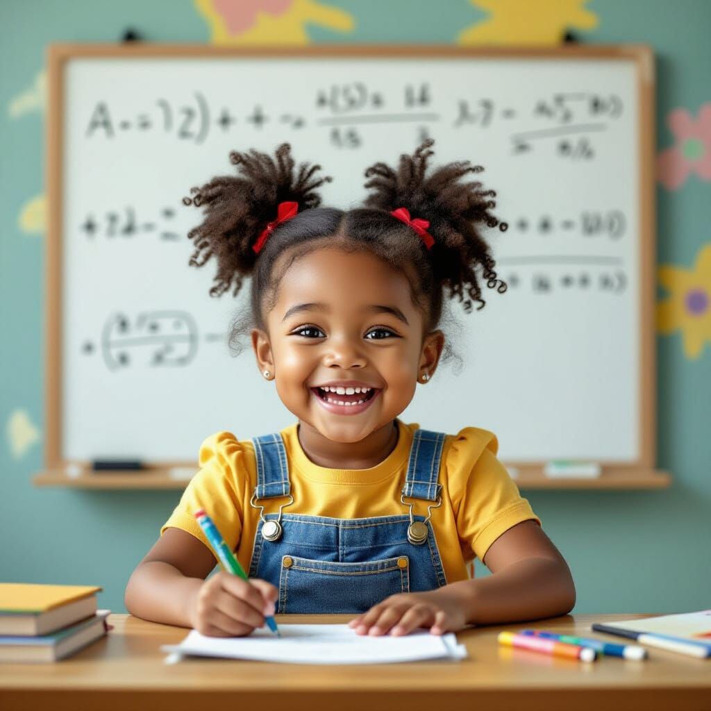 Smiling Girl Writes Math Equation in Sunny Classroom